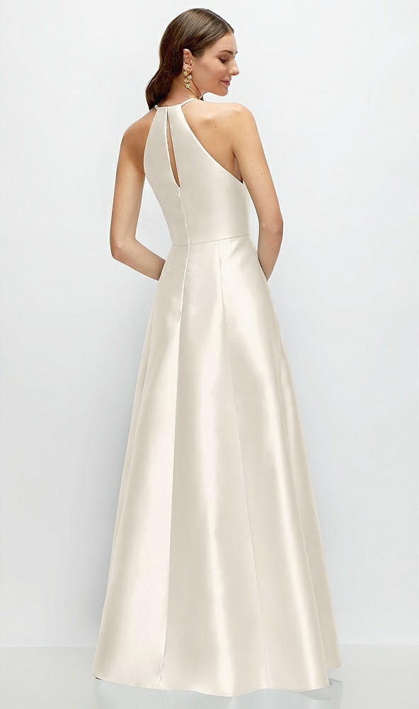 Back View - Ivory Jewel Neck Halter Full A-Line Satin Maxi Dress