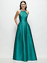 Front View Thumbnail - Jade Jewel Neck Halter Full A-Line Satin Maxi Dress