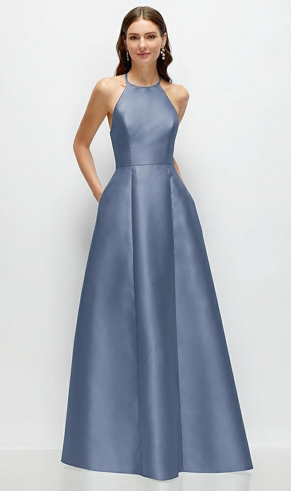 Front View - Larkspur Blue Jewel Neck Halter Full A-Line Satin Maxi Dress