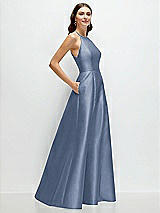 Side View Thumbnail - Larkspur Blue Jewel Neck Halter Full A-Line Satin Maxi Dress