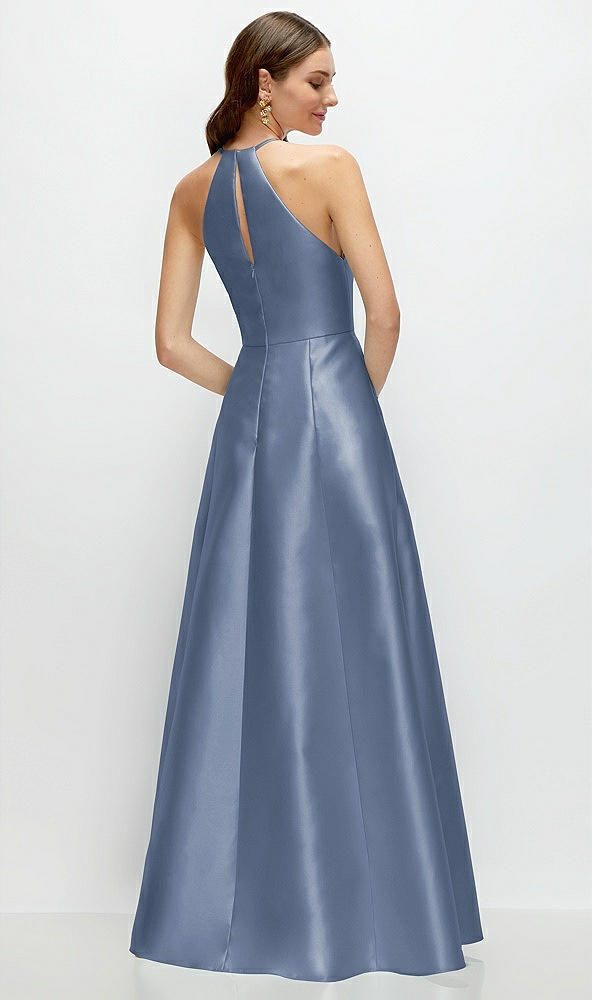 Back View - Larkspur Blue Jewel Neck Halter Full A-Line Satin Maxi Dress