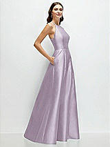 Side View Thumbnail - Lilac Haze Jewel Neck Halter Full A-Line Satin Maxi Dress