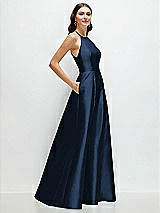 Side View Thumbnail - Midnight Navy Jewel Neck Halter Full A-Line Satin Maxi Dress