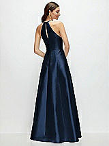 Rear View Thumbnail - Midnight Navy Jewel Neck Halter Full A-Line Satin Maxi Dress