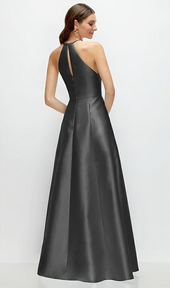 Back View - Pewter Jewel Neck Halter Full A-Line Satin Maxi Dress