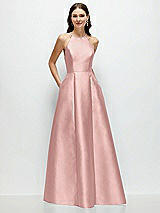 Front View Thumbnail - Rose - PANTONE Rose Quartz Jewel Neck Halter Full A-Line Satin Maxi Dress