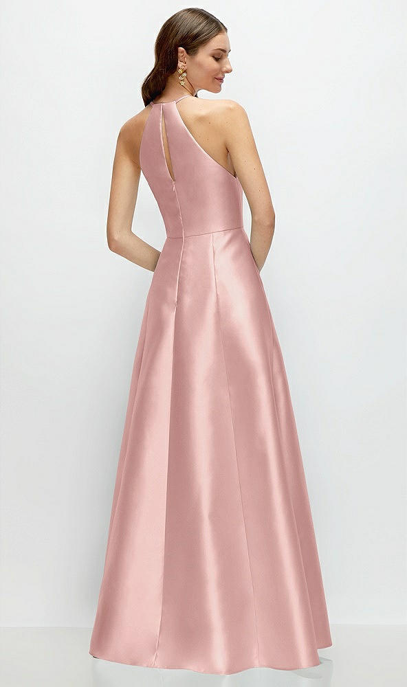 Back View - Rose - PANTONE Rose Quartz Jewel Neck Halter Full A-Line Satin Maxi Dress