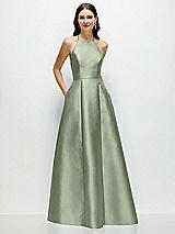 Front View Thumbnail - Sage Jewel Neck Halter Full A-Line Satin Maxi Dress