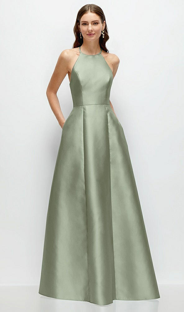 Front View - Sage Jewel Neck Halter Full A-Line Satin Maxi Dress