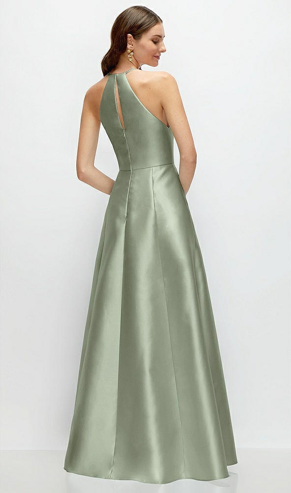 Back View - Sage Jewel Neck Halter Full A-Line Satin Maxi Dress