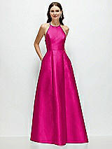 Front View Thumbnail - Think Pink Jewel Neck Halter Full A-Line Satin Maxi Dress