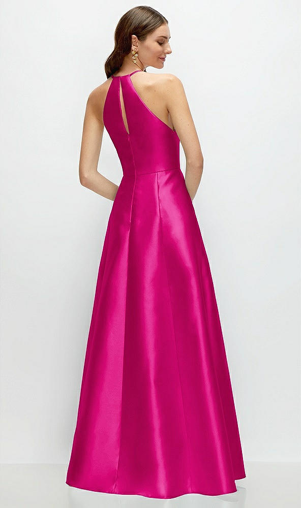 Back View - Think Pink Jewel Neck Halter Full A-Line Satin Maxi Dress