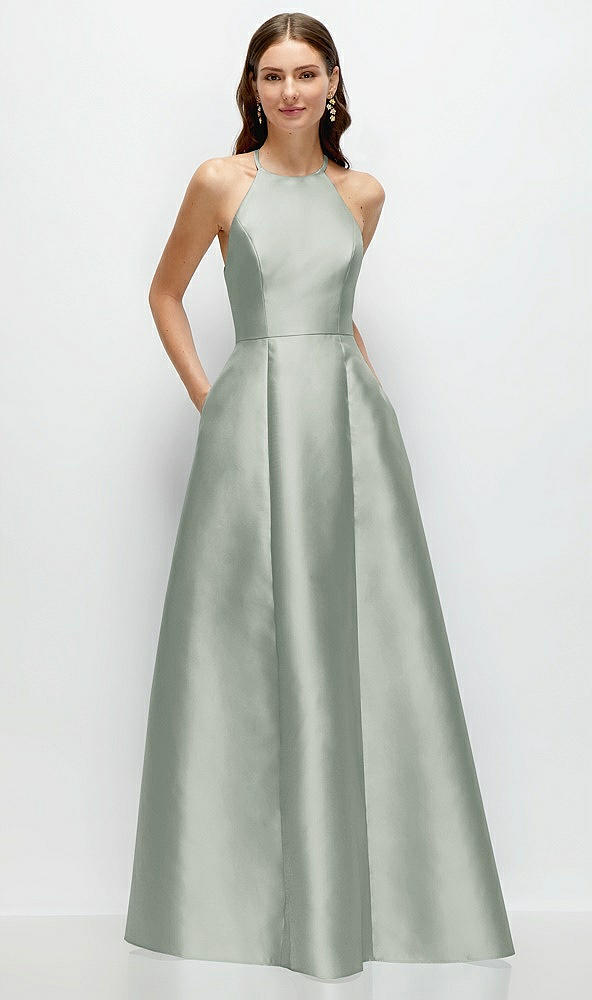 Front View - Willow Green Jewel Neck Halter Full A-Line Satin Maxi Dress