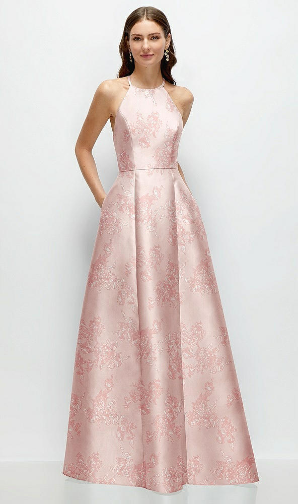 Front View - Bow And Blossom Print Jewel Neck Halter Full A-Line Satin Floral Maxi Dress