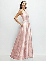 Side View Thumbnail - Bow And Blossom Print Jewel Neck Halter Full A-Line Satin Floral Maxi Dress