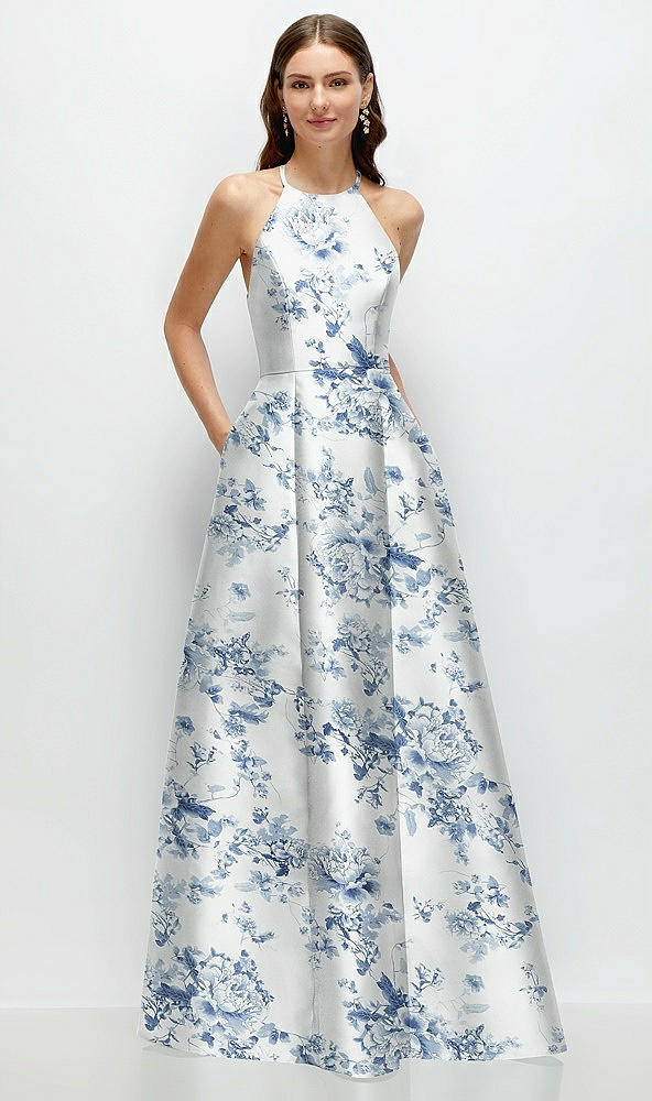 Front View - Cottage Rose Larkspur Jewel Neck Halter Full A-Line Satin Floral Maxi Dress