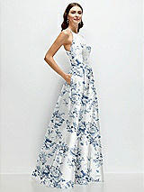 Side View Thumbnail - Cottage Rose Larkspur Jewel Neck Halter Full A-Line Satin Floral Maxi Dress