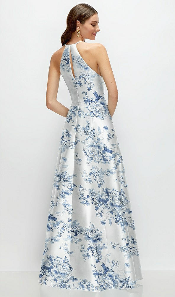 Back View - Cottage Rose Larkspur Jewel Neck Halter Full A-Line Satin Floral Maxi Dress