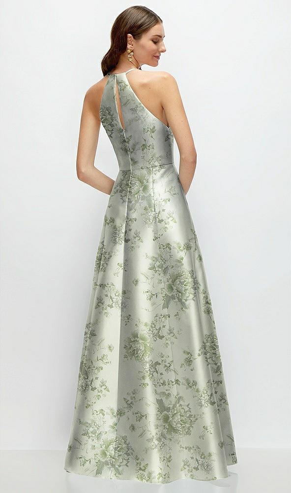 Back View - Sage Cottage Rose Jewel Neck Halter Full A-Line Satin Floral Maxi Dress