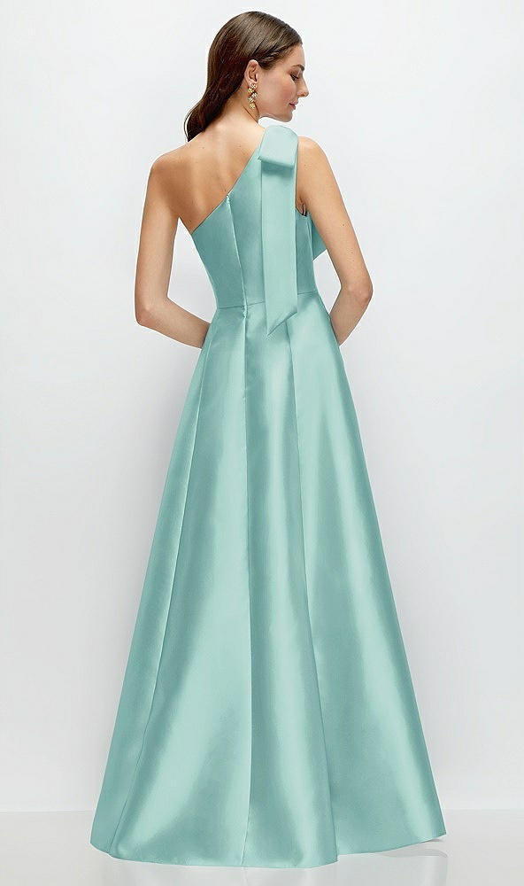 Back View - Coastal Bow One-Shoulder Full A-Line Satin Maxi Dress