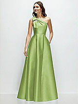 Front View Thumbnail - Mojito Bow One-Shoulder Full A-Line Satin Maxi Dress