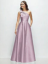 Front View Thumbnail - Suede Rose Bow One-Shoulder Full A-Line Satin Maxi Dress