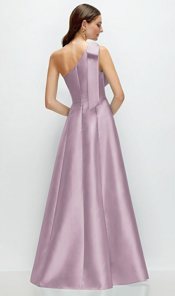 Back View - Suede Rose Bow One-Shoulder Full A-Line Satin Maxi Dress