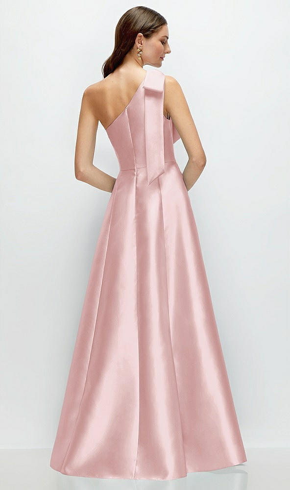 Back View - Ballet Pink Bow One-Shoulder Full A-Line Satin Maxi Dress