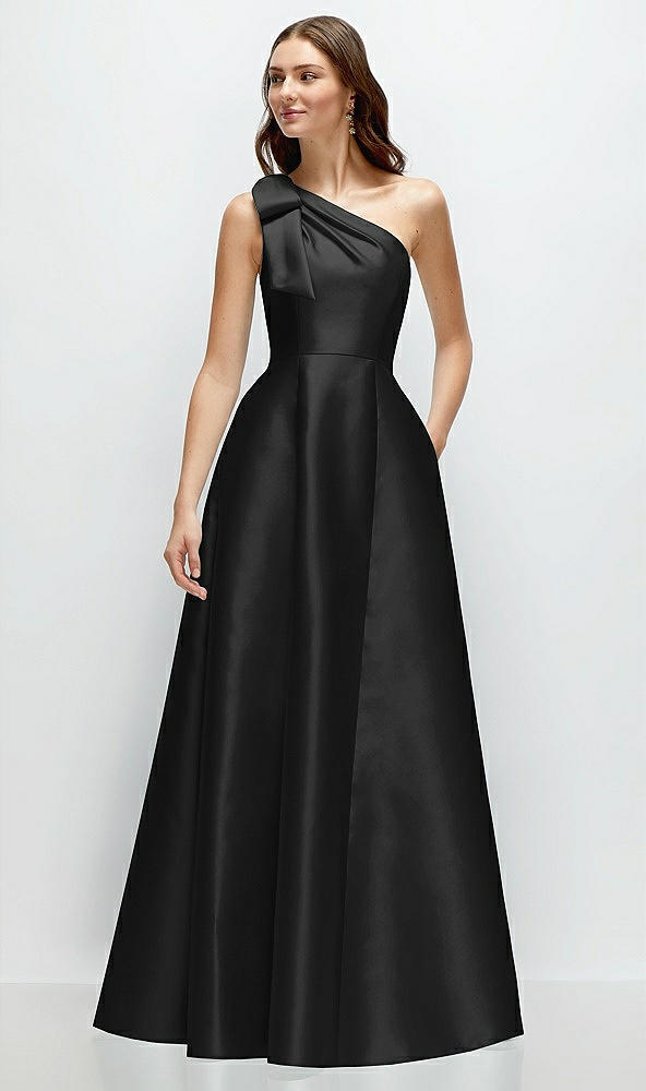 Front View - Black Bow One-Shoulder Full A-Line Satin Maxi Dress