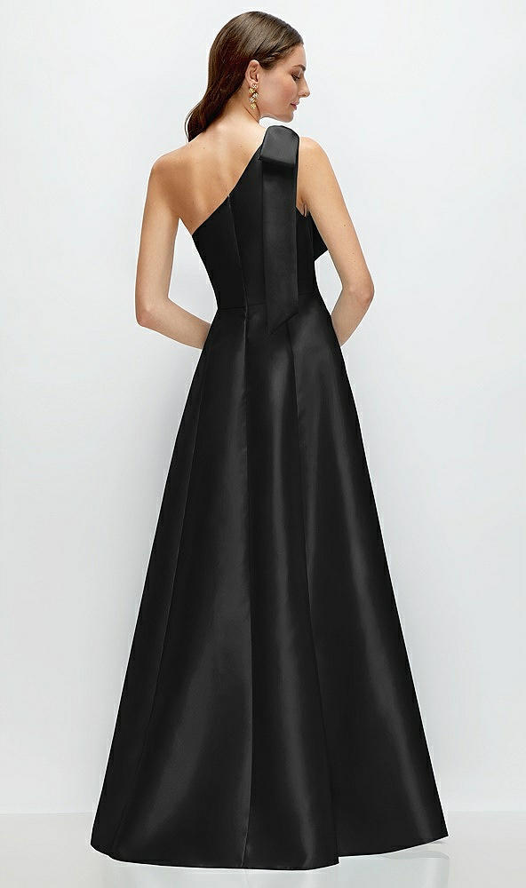 Back View - Black Bow One-Shoulder Full A-Line Satin Maxi Dress