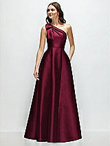 Front View Thumbnail - Cabernet Bow One-Shoulder Full A-Line Satin Maxi Dress