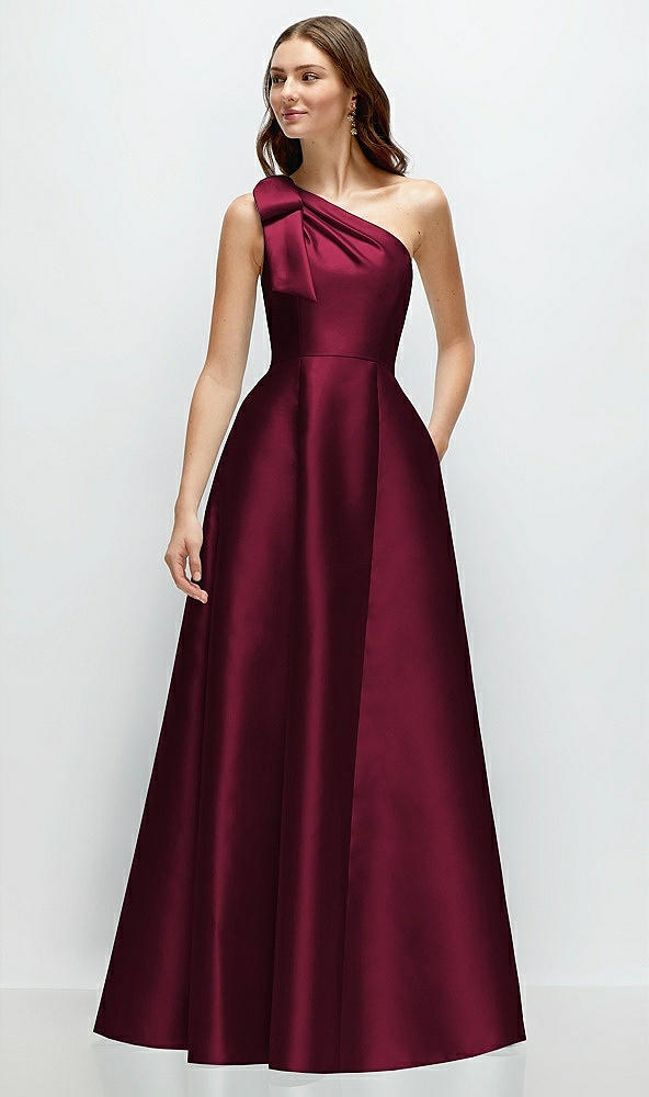 Front View - Cabernet Bow One-Shoulder Full A-Line Satin Maxi Dress