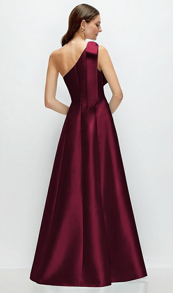 Back View - Cabernet Bow One-Shoulder Full A-Line Satin Maxi Dress