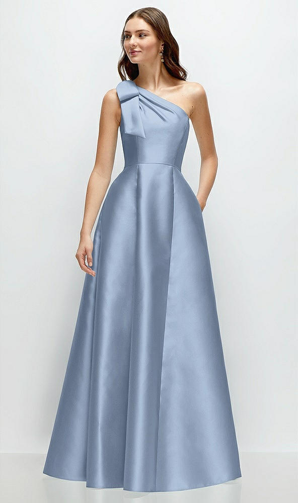 Front View - Cloudy Bow One-Shoulder Full A-Line Satin Maxi Dress