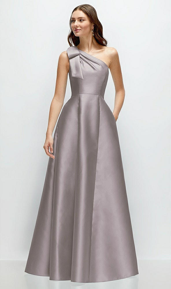 Front View - Cashmere Gray Bow One-Shoulder Full A-Line Satin Maxi Dress