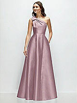 Front View Thumbnail - Dusty Rose Bow One-Shoulder Full A-Line Satin Maxi Dress