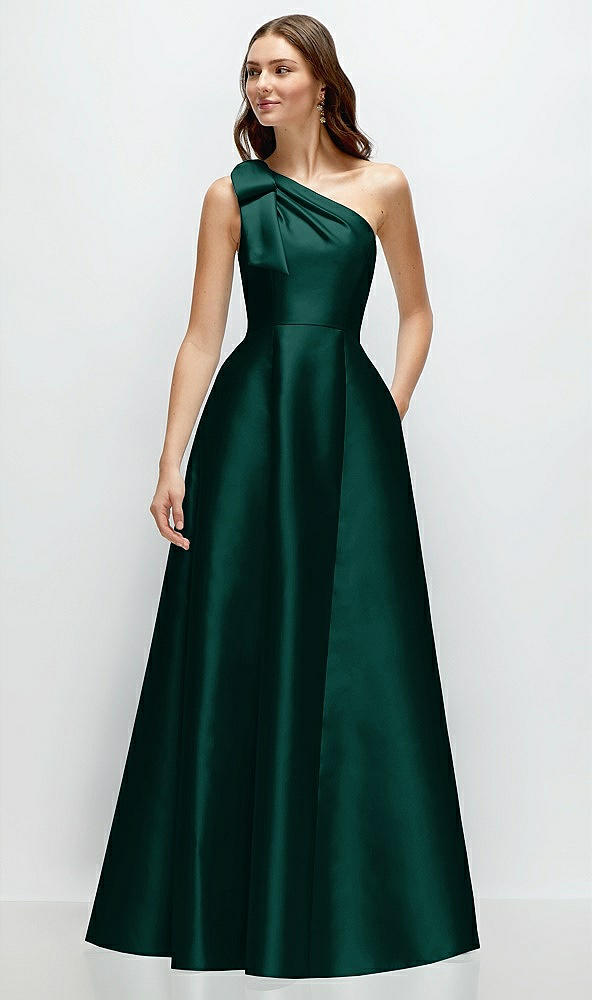 Front View - Evergreen Bow One-Shoulder Full A-Line Satin Maxi Dress