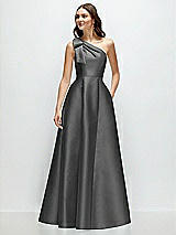 Front View Thumbnail - Gunmetal Bow One-Shoulder Full A-Line Satin Maxi Dress