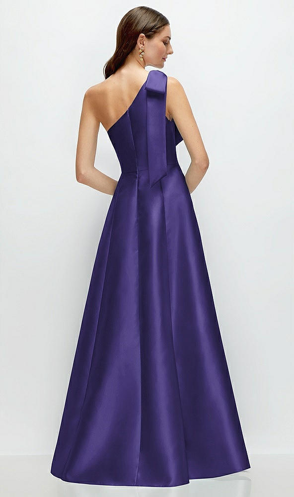 Back View - Grape Bow One-Shoulder Full A-Line Satin Maxi Dress