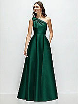 Front View Thumbnail - Hunter Green Bow One-Shoulder Full A-Line Satin Maxi Dress