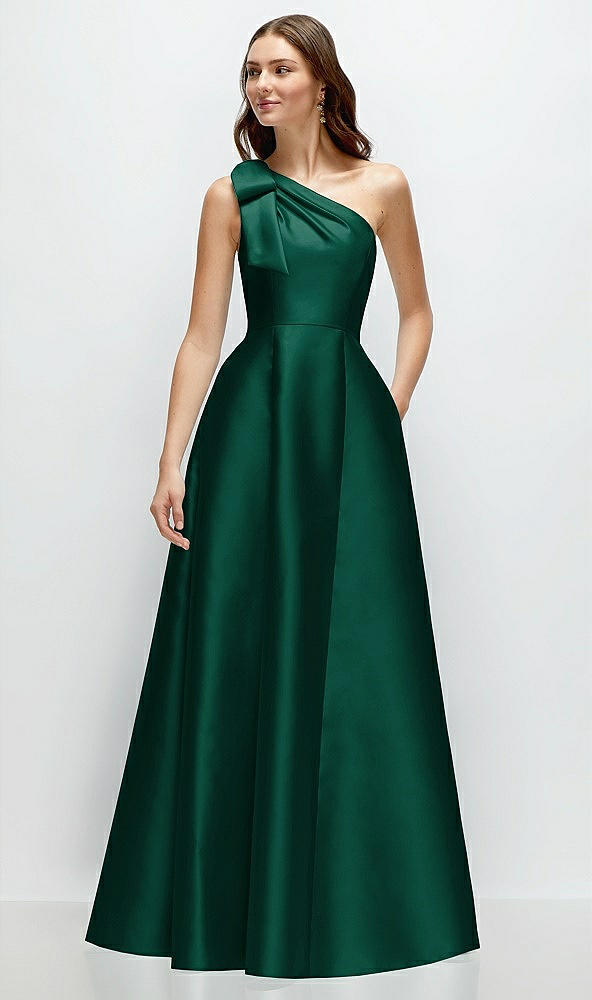 Front View - Hunter Green Bow One-Shoulder Full A-Line Satin Maxi Dress