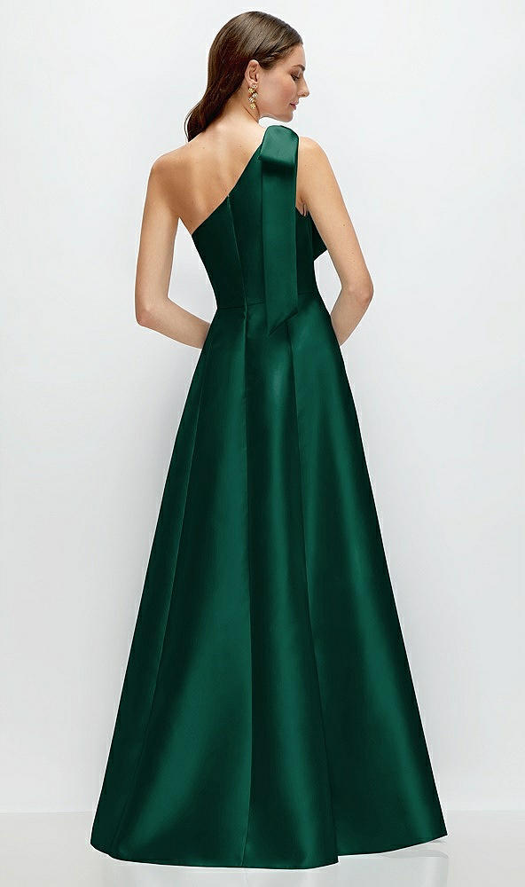 Back View - Hunter Green Bow One-Shoulder Full A-Line Satin Maxi Dress