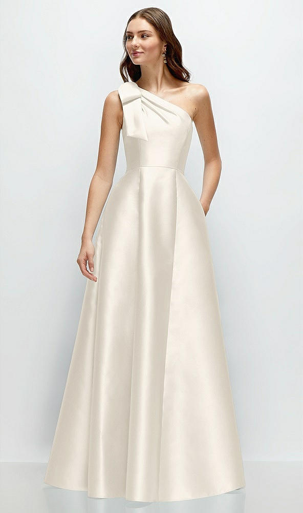 Front View - Ivory Bow One-Shoulder Full A-Line Satin Maxi Dress