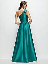 Rear View Thumbnail - Jade Bow One-Shoulder Full A-Line Satin Maxi Dress