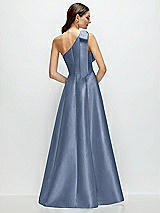 Rear View Thumbnail - Larkspur Blue Bow One-Shoulder Full A-Line Satin Maxi Dress