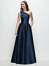 Front View Thumbnail - Midnight Navy Bow One-Shoulder Full A-Line Satin Maxi Dress