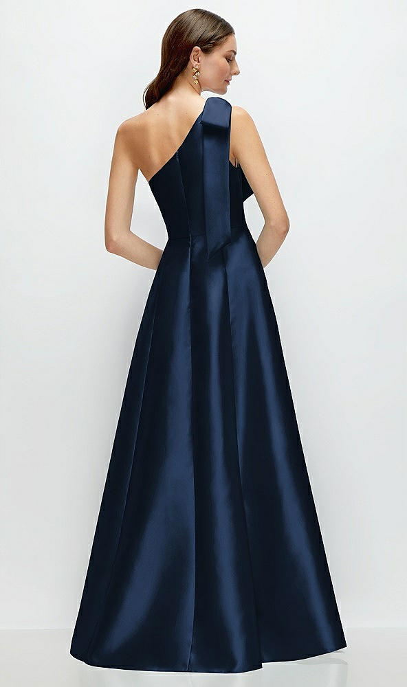 Back View - Midnight Navy Bow One-Shoulder Full A-Line Satin Maxi Dress