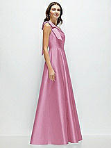 Side View Thumbnail - Powder Pink Bow One-Shoulder Full A-Line Satin Maxi Dress