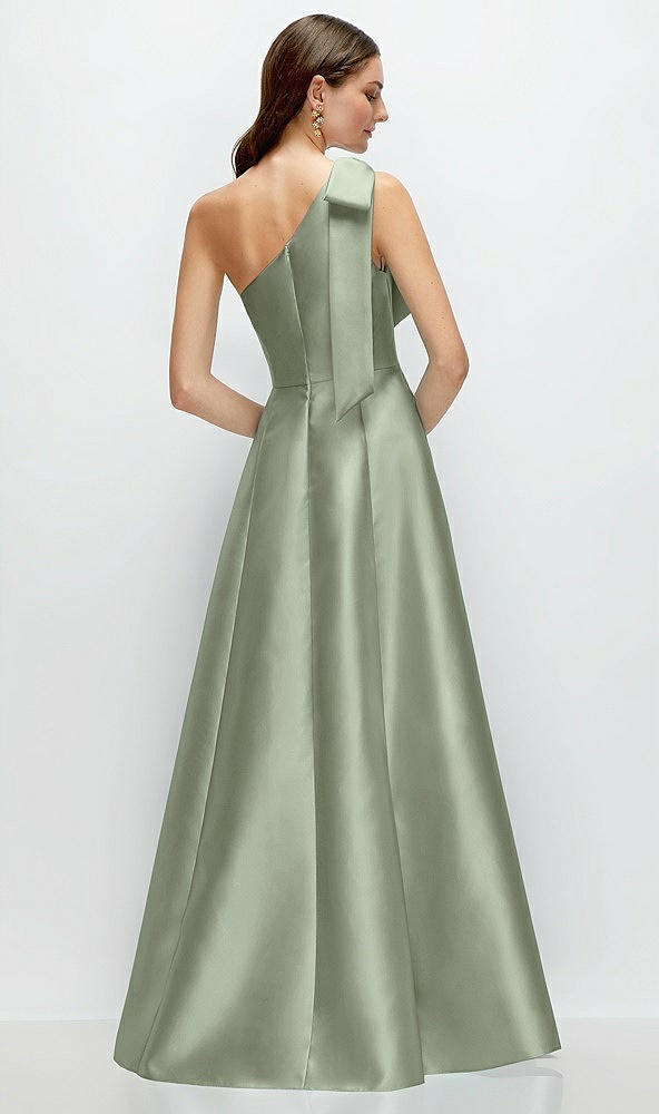 Back View - Sage Bow One-Shoulder Full A-Line Satin Maxi Dress