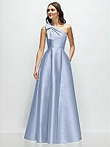 Front View Thumbnail - Sky Blue Bow One-Shoulder Full A-Line Satin Maxi Dress